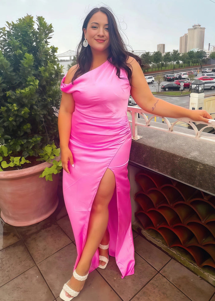 Amelia | Sheath Pleated Hot Pink Stretch Satin Maxi Bridesmaid Dress with Slit and One Shoulder - Price #price_variant_lowest# - Hot Pink - PromDressClub