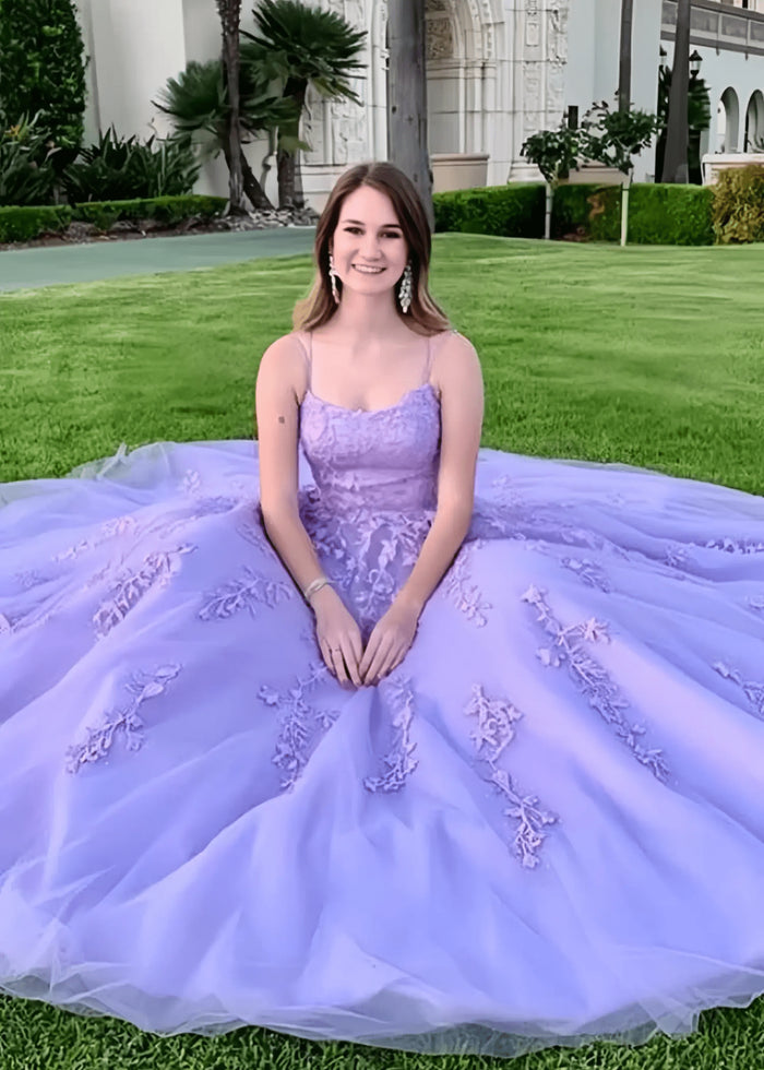 Amla | Plus Size Royal Blue and Light Pink Princess Lace Prom Dress - Lavender - PromDressClub