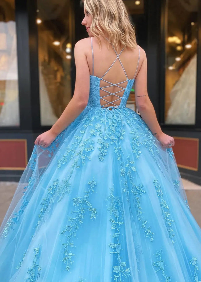 Amla | Plus Size Royal Blue and Light Pink Princess Lace Prom Dress - Light Blue - PromDressClub