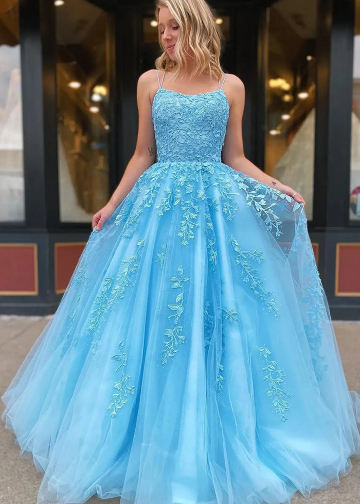 Amla | Plus Size Royal Blue and Light Pink Princess Lace Prom Dress - Light Blue - PromDressClub