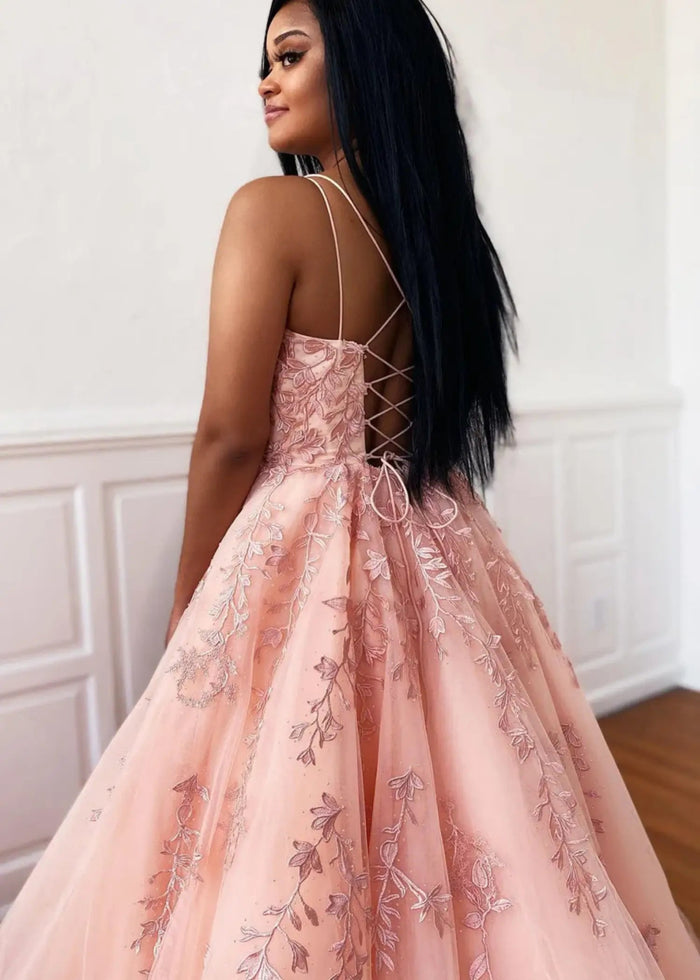 Amla | Plus Size Royal Blue and Light Pink Princess Lace Prom Dress - Light Pink - PromDressClub