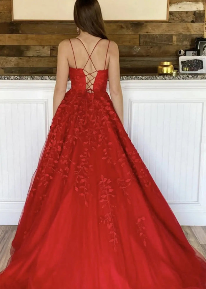 Amla | Plus Size Royal Blue and Light Pink Princess Lace Prom Dress - Red - PromDressClub