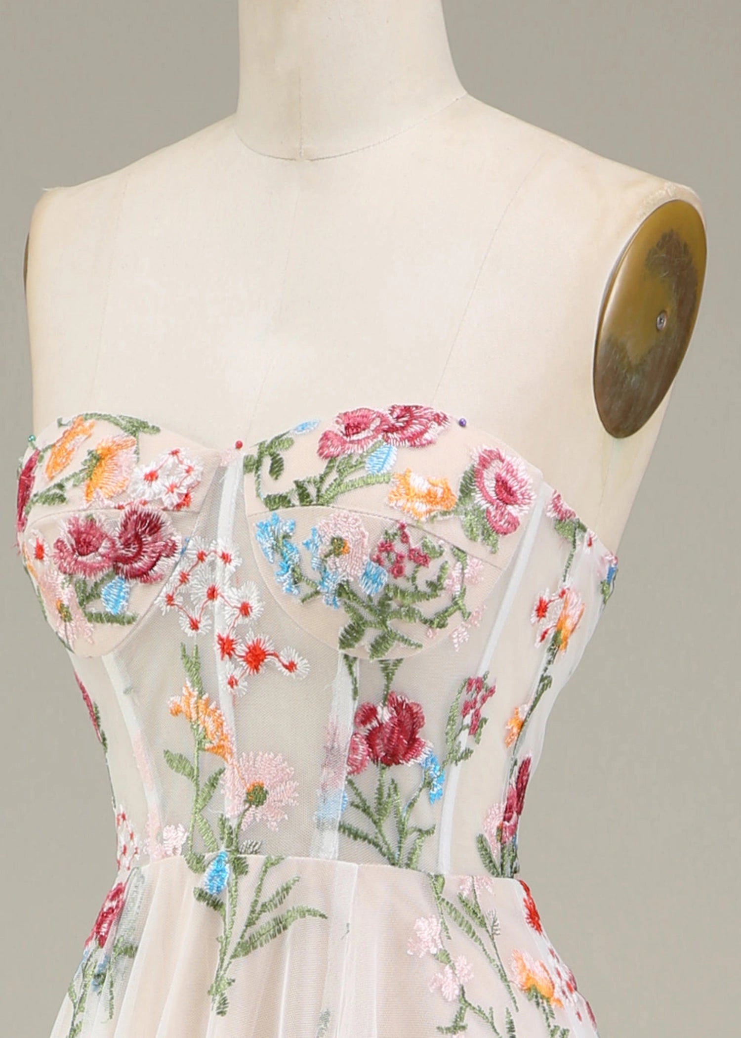 Andrea | A - Line Long Ivory Prom Dress With Sweetheart Tulle Embroidery Sweep Train - White Floral - PromDressClub