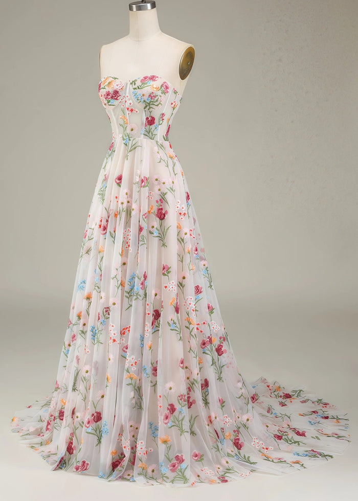 Andrea | A - Line Long Ivory Prom Dress With Sweetheart Tulle Embroidery Sweep Train - White Floral - PromDressClub