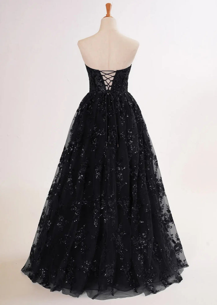 Angela | Strapless Royal Blue and Black Ball Gown Lace Prom Dress with Pockets - Black - PromDressClub