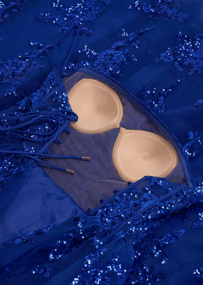 Angela | Strapless Royal Blue and Black Ball Gown Lace Prom Dress with Pockets - Royal Blue - PromDressClub