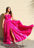 Angela |A Line Sparkly Fuchsia Halter Neck Long Prom Dress with Keyhole Slit - Fuchsia - US0 - PromDressClub