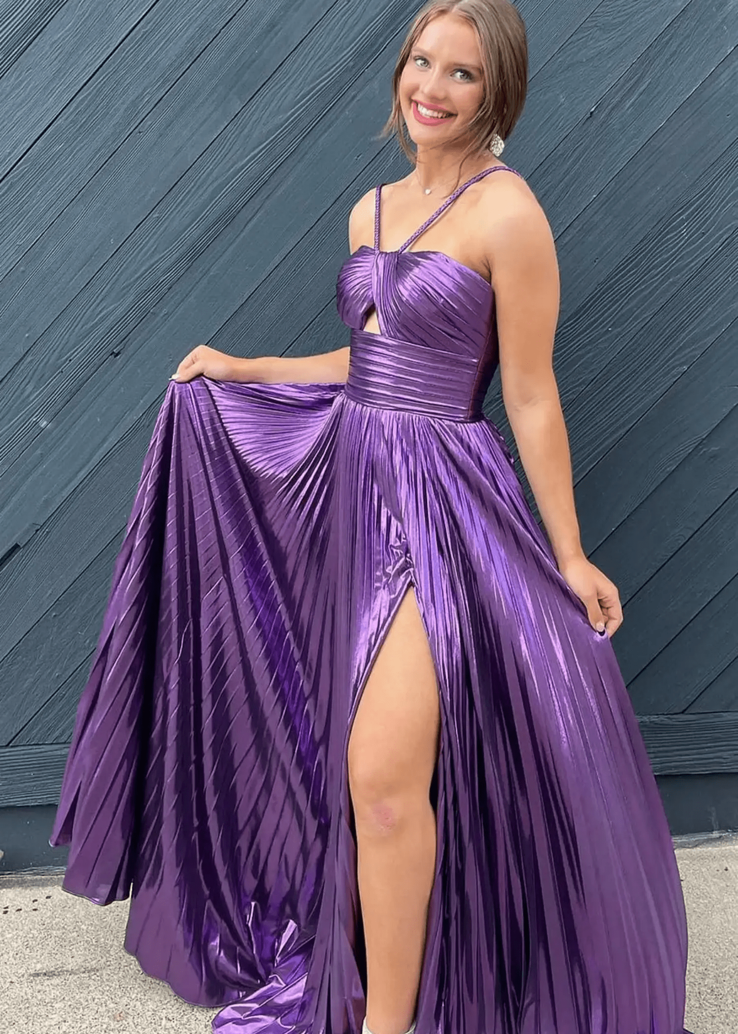 Angela |A Line Sparkly Fuchsia Halter Neck Long Prom Dress with Keyhole Slit - Purple - US0 - PromDressClub