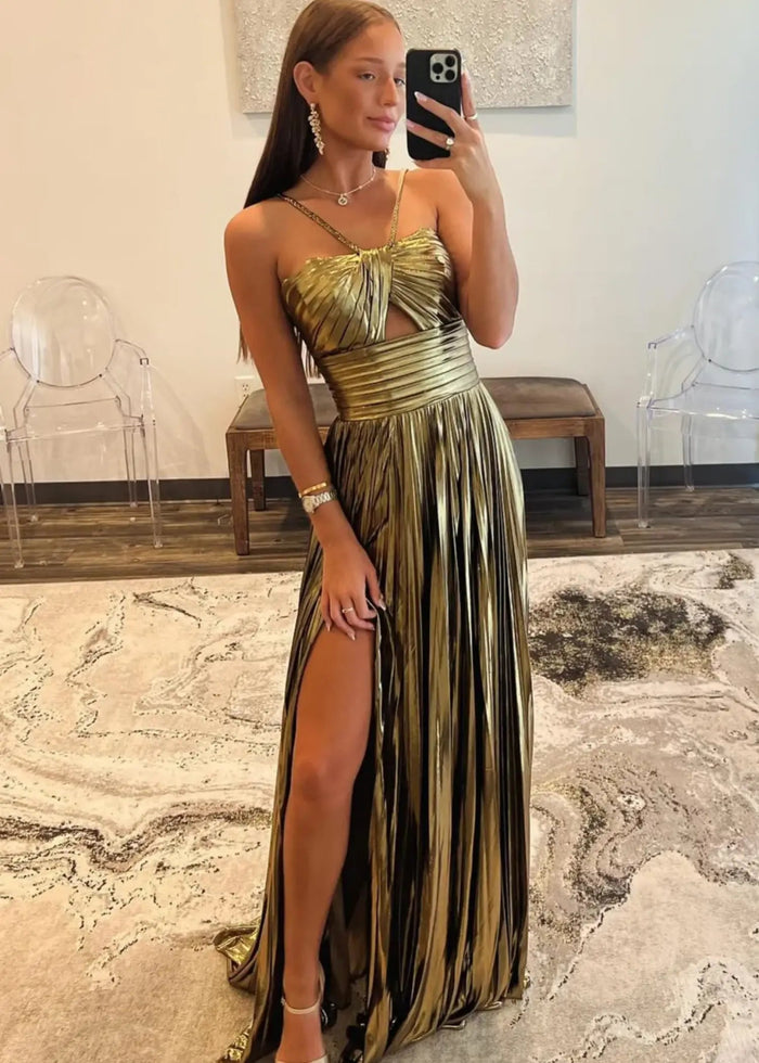 Angela | Fuchsia A Line Slit in Metallic Prom Dress with Halter Top - Gold - PromDressClub