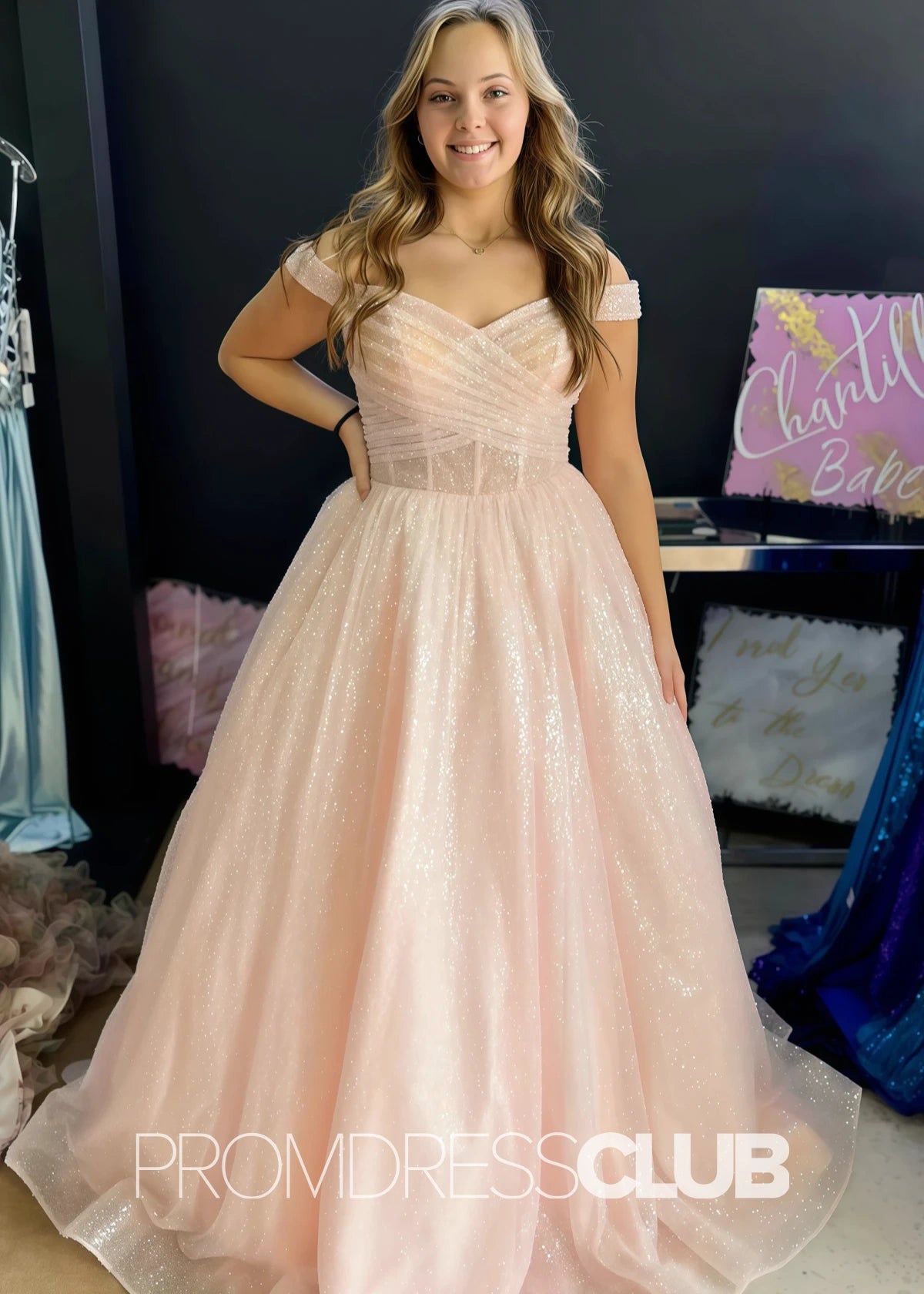 Angela |Long White Prom Dresses Ball Gown Sparkly Off - the - Shoulder Surplice - Blush - PromDressClub