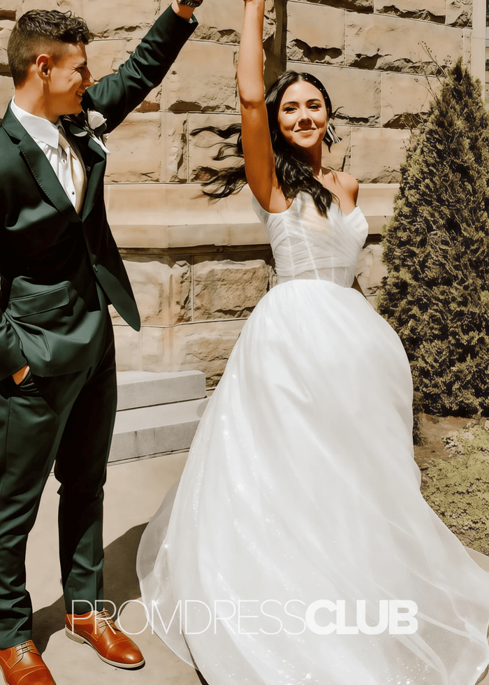 Angela |Long White Prom Dresses Ball Gown Sparkly Off - the - Shoulder Surplice - Price #price_variant_lowest# - White - PromDressClub