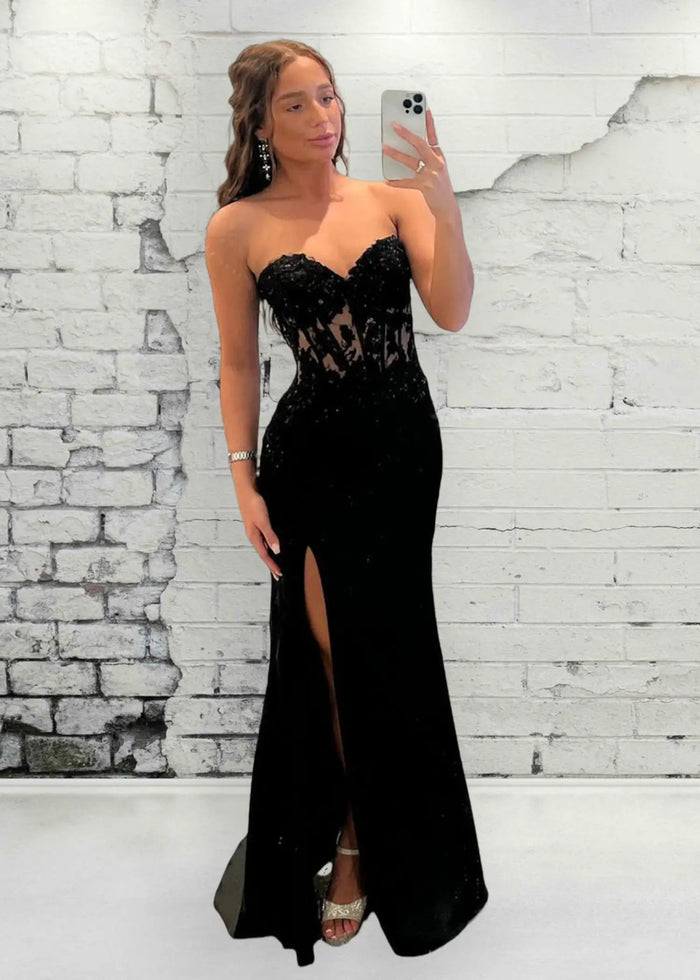 Angela | Mermaid Black Lace Strapless Corset Prom Dress with Slit - Black - PromDressClub