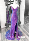 Ann |Dark Purple Prom Dress Long Mermaid Iridescent Sequins V Neck Lace - Up with Slit - Dark Purple - PromDressClub