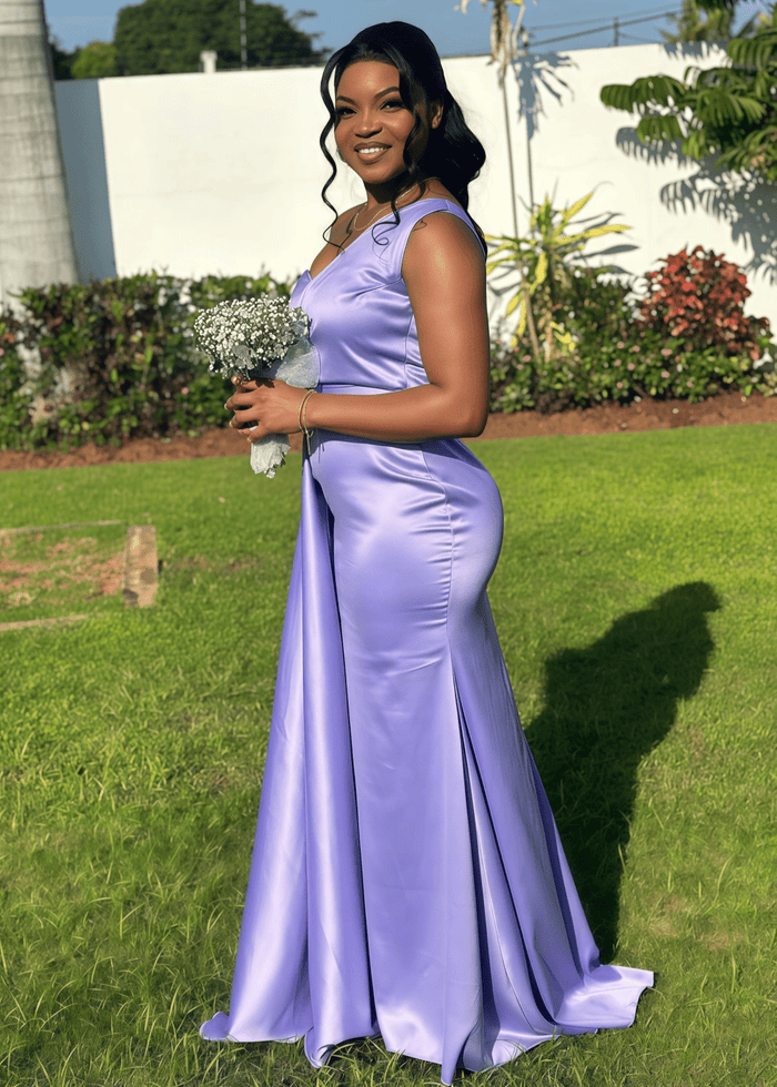 Annabelle | Mermaid Belt Stretch Lavender Satin Maxi Bridesmaid Dress with One Shoulder - Price #price_variant_lowest# - Lavender - PromDressClub