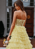 Annabelle |Sweetheart A Line Tiered Tulle Long Yellow Prom Dress - Yellow - US0 - PromDressClub