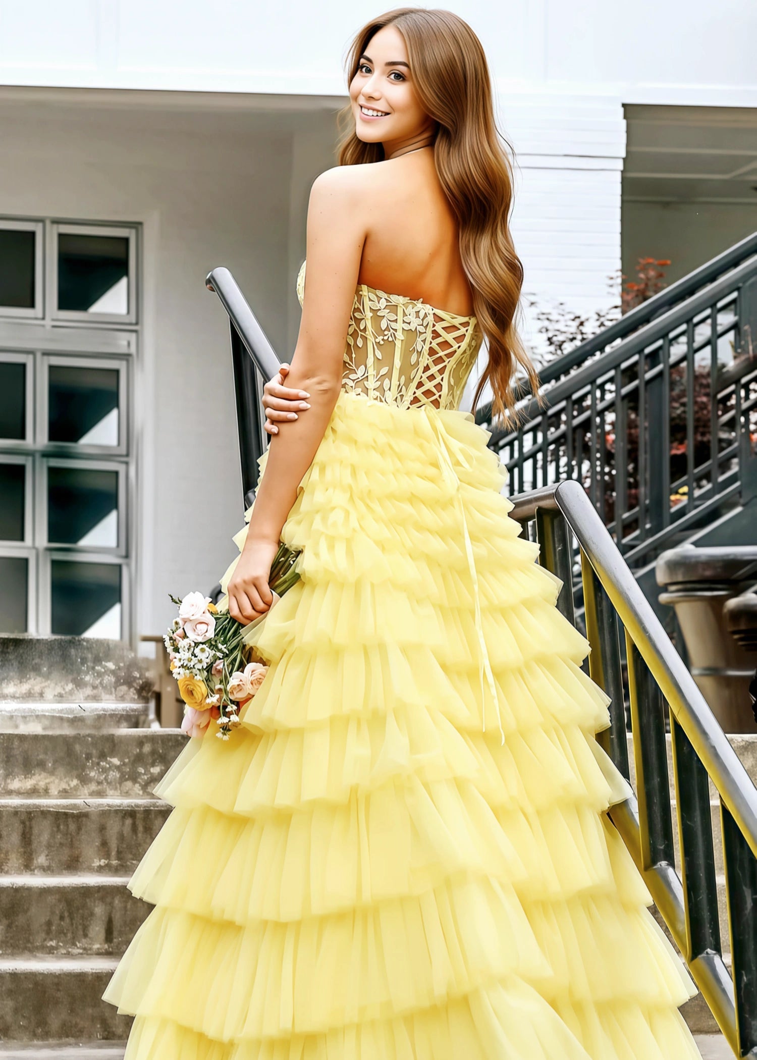 Annabelle |Sweetheart A Line Tiered Tulle Long Yellow Prom Dress - Yellow - US0 - PromDressClub