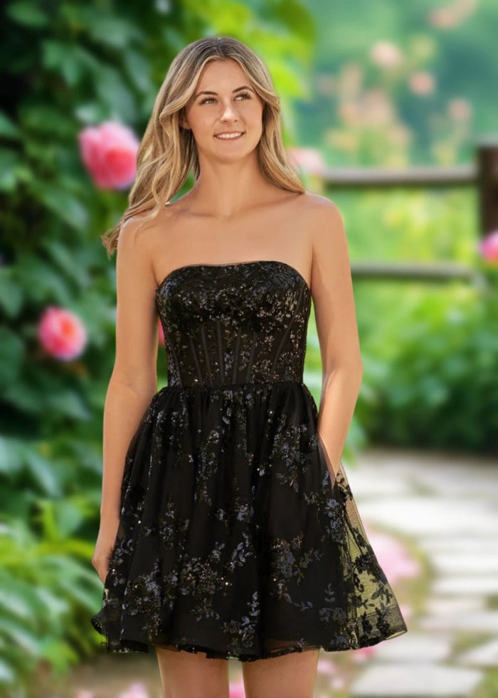 Annette | A Line Red Sequin Corset Strapless Short Homecoming Dress - Black - PromDressClub