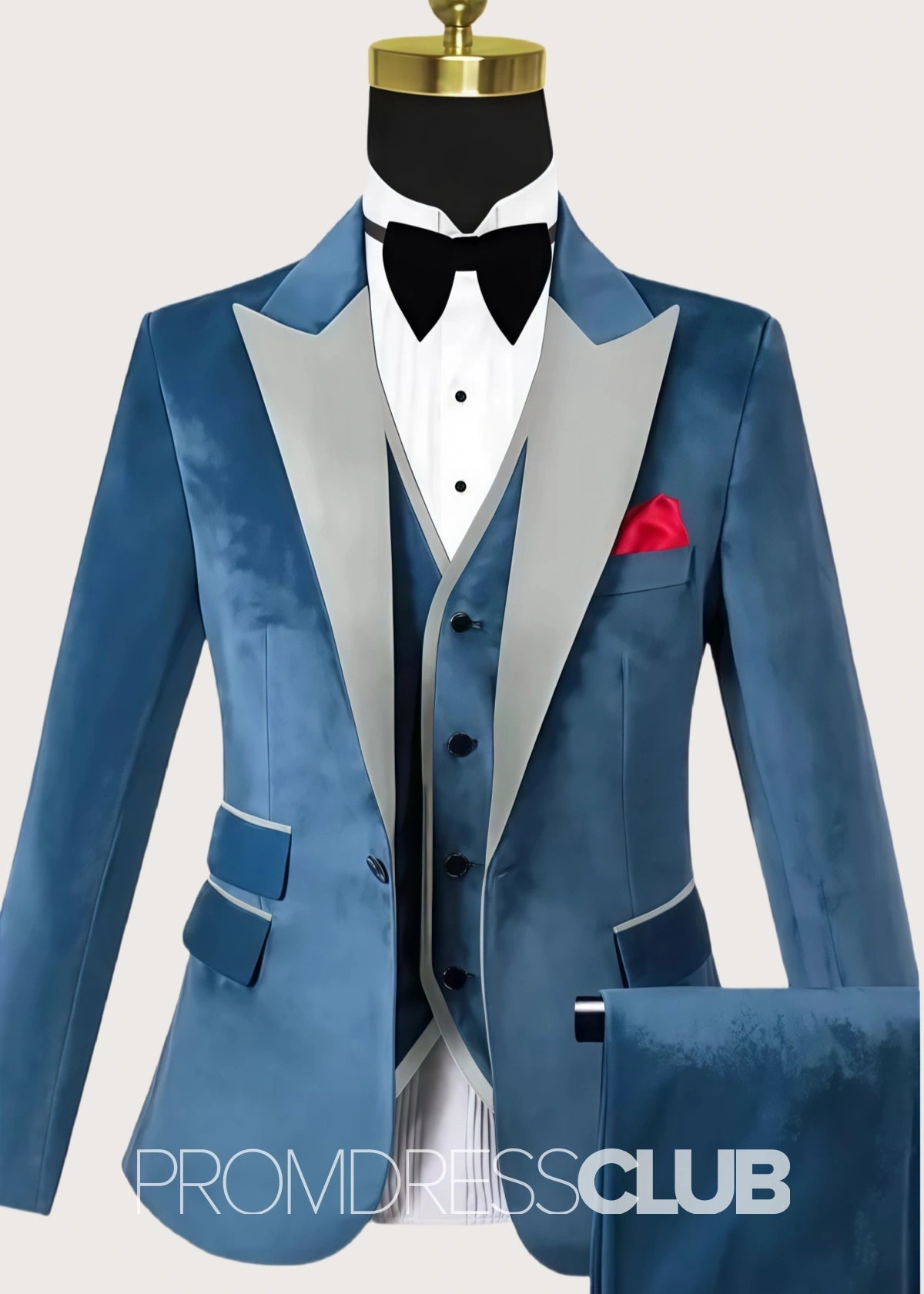 Anthony |Blue Prom Suits For Men With Single Breasted Peaked Lapel Velvet | Three Pieces Bespoke Wedding Groom Suits - 34 - PromDressClub