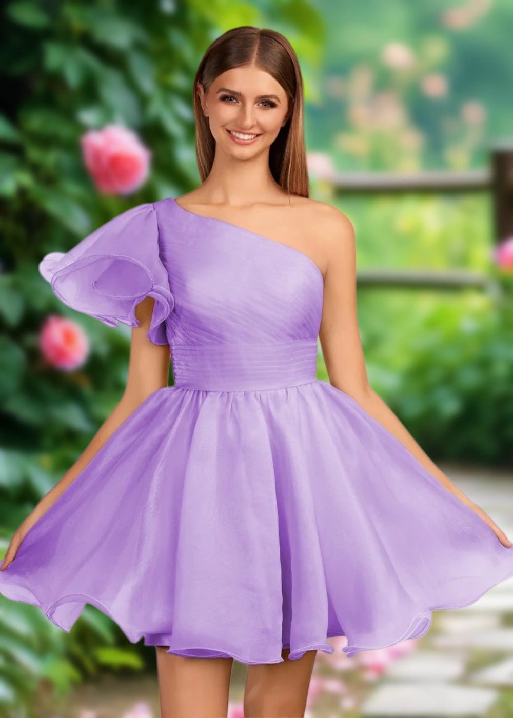 April | Mint Green Organza One Shoulder Ruffle A Line Homecoming Dress - Lavender - PromDressClub