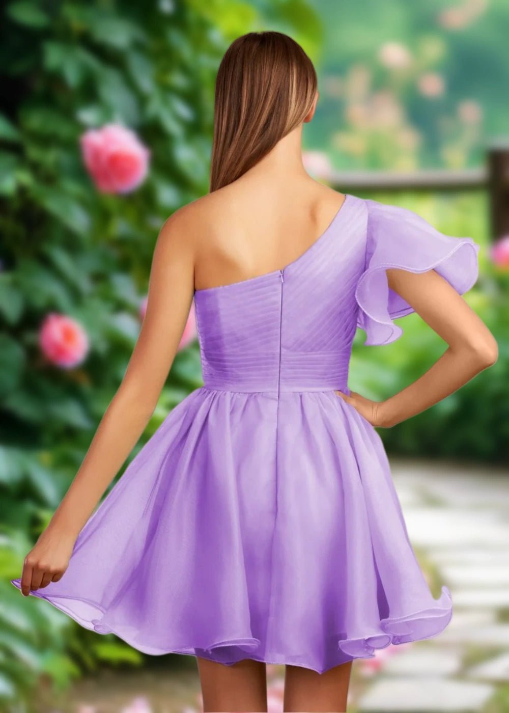 April | Mint Green Organza One Shoulder Ruffle A Line Homecoming Dress - Lavender - PromDressClub