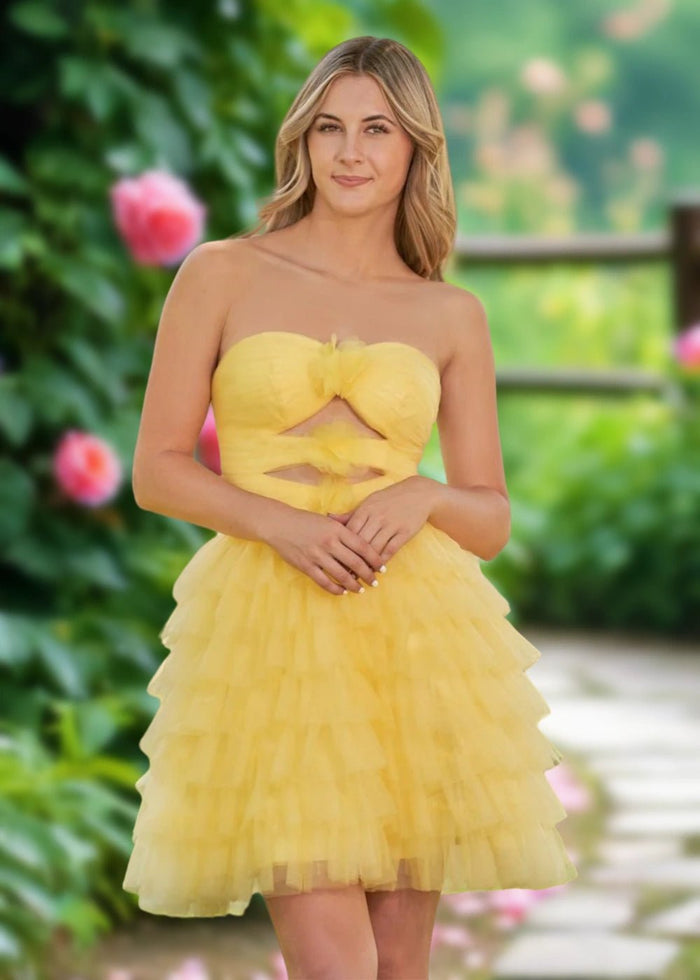 Arabella | A Line Yellow Tulle Strapless Ruffle Short Homecoming Dress - Yellow - PromDressClub