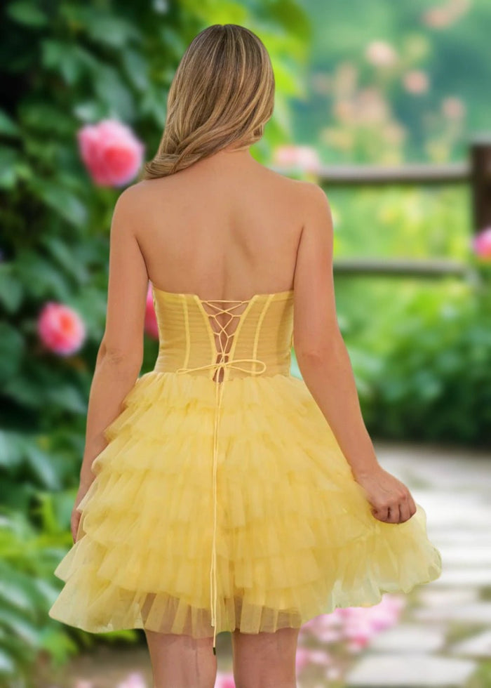 Arabella | A Line Yellow Tulle Strapless Ruffle Short Homecoming Dress - Yellow - PromDressClub