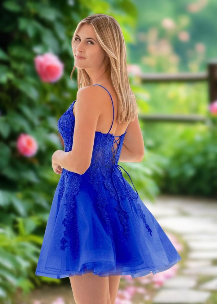 Ariana | Light Blue Lace Corset A Line Short Homecoming Dress - Royal Blue - PromDressClub