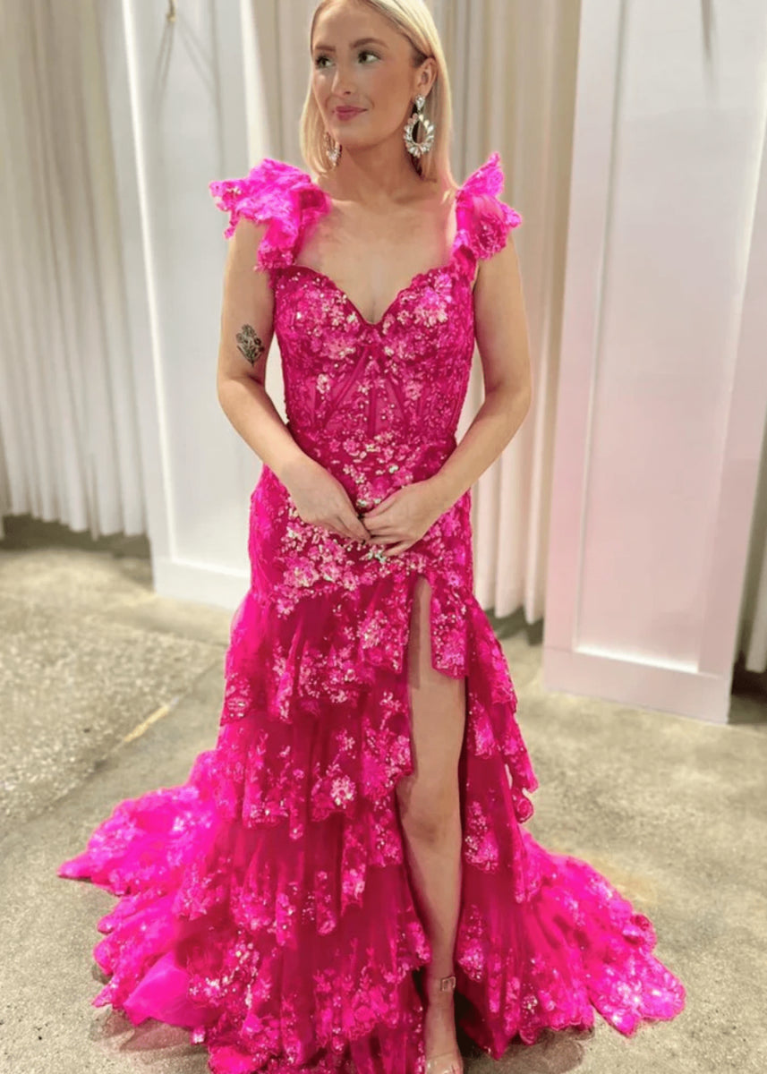 Arlene | A Line Black Strapless Corset Prom DressRuffles with Slit - Fuchsia - PromDressClub