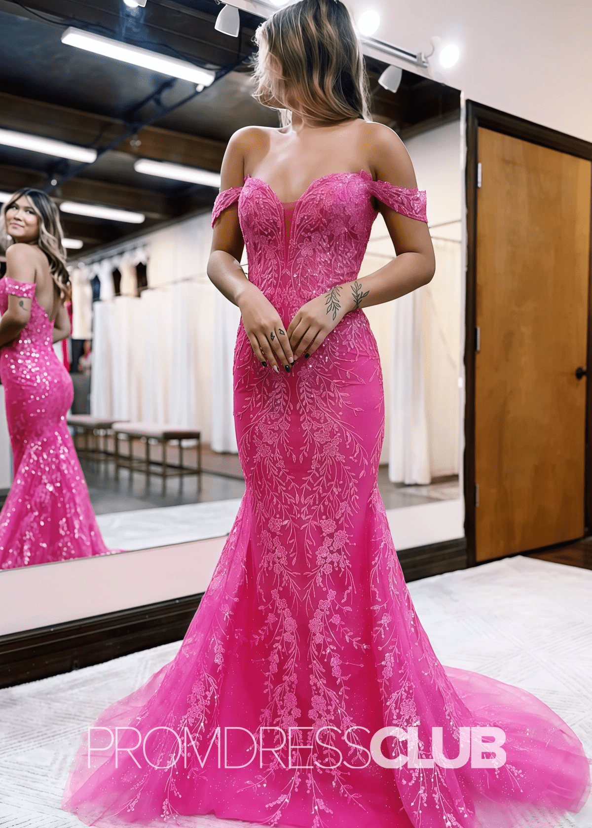 Arlene |Fuchsia Prom Dress Long Trumpet Off The Shoulder With Appliques - Fuchsia - PromDressClub