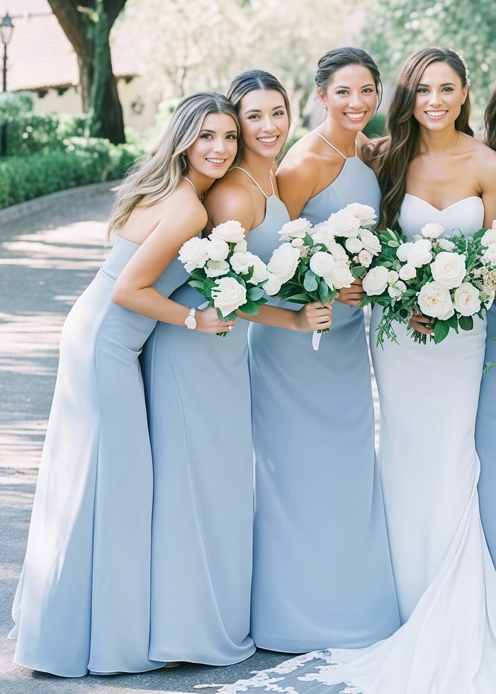 Astrid | Chic Sheath Stretch Modest Light Blue Satin Maxi Bridesmaid Dress with Halter and Backless - Price #price_variant_lowest# - Light Blue - PromDressClub