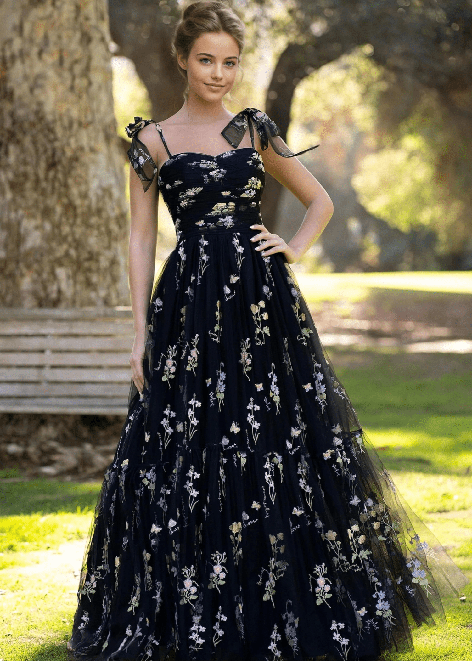 Athena |Sweetheart Neck A - Line Floor Length Tulle Embroidery Black Long Prom Dress With Floral - Black - US0 - PromDressClub