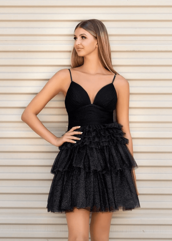 Audrey | A Line Light Pink Tulle Corset Tiered Ruffle Short Homecoming Dress - Black - PromDressClub