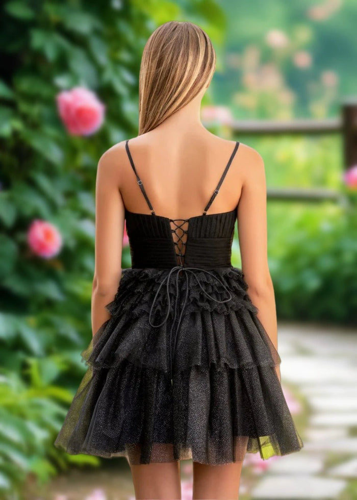 Audrey | A Line Light Pink Tulle Corset Tiered Ruffle Short Homecoming Dress - Black - PromDressClub