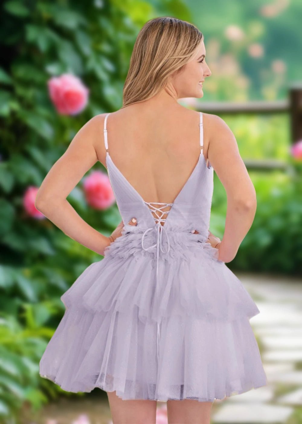 Audrey | A Line Light Pink Tulle Corset Tiered Ruffle Short Homecoming Dress - Lavender - PromDressClub