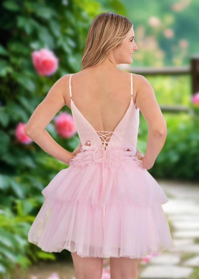 Audrey | A Line Light Pink Tulle Corset Tiered Ruffle Short Homecoming Dress - Light Pink - PromDressClub