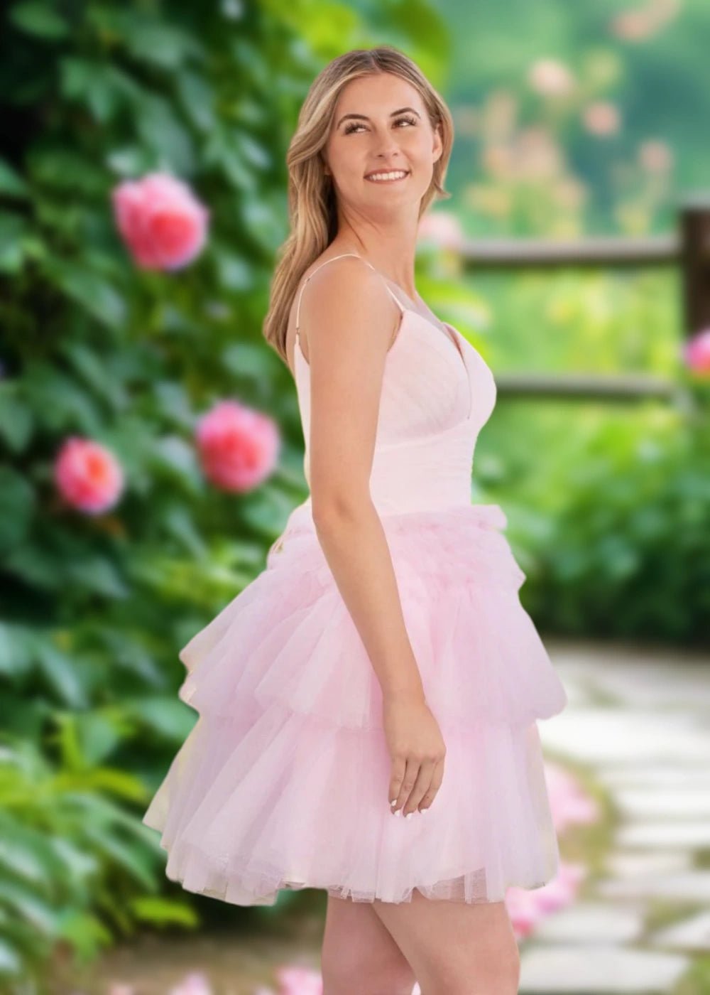 Audrey | A Line Light Pink Tulle Corset Tiered Ruffle Short Homecoming Dress - Light Pink - PromDressClub