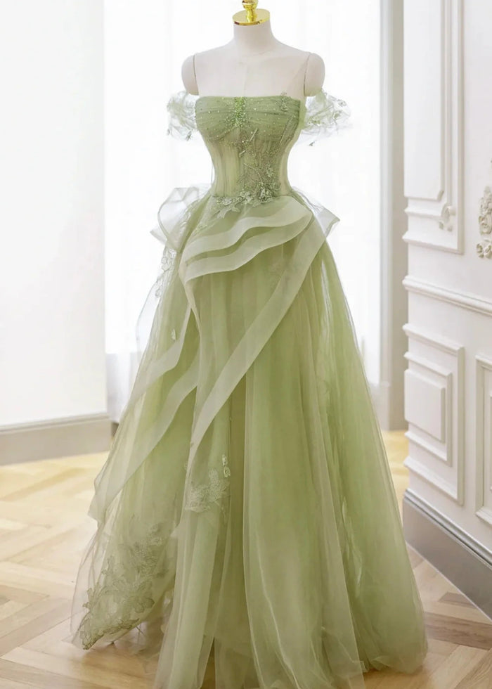 Audrey | A Line/Princess Sage Green Off the Shoulder Corset Ruffle Prom Dress - Sage Green - PromDressClub