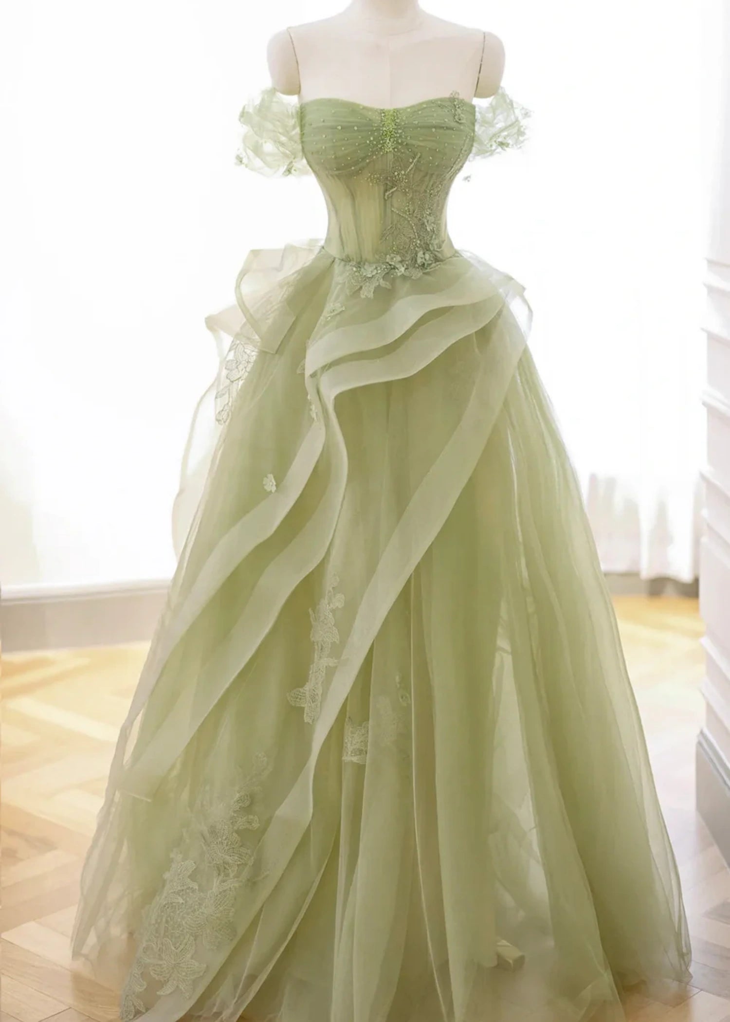 Audrey |A - Line Off the Shoulder Tulle Lace Green Long Prom Dress with Corset, Green Formal Party Dress - Green - US0 - PromDressClub