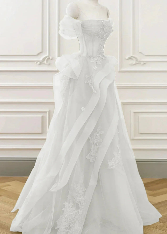 Audrey | A Line/Princess Sage Green Off the Shoulder Corset Ruffle Prom Dress - White - PromDressClub