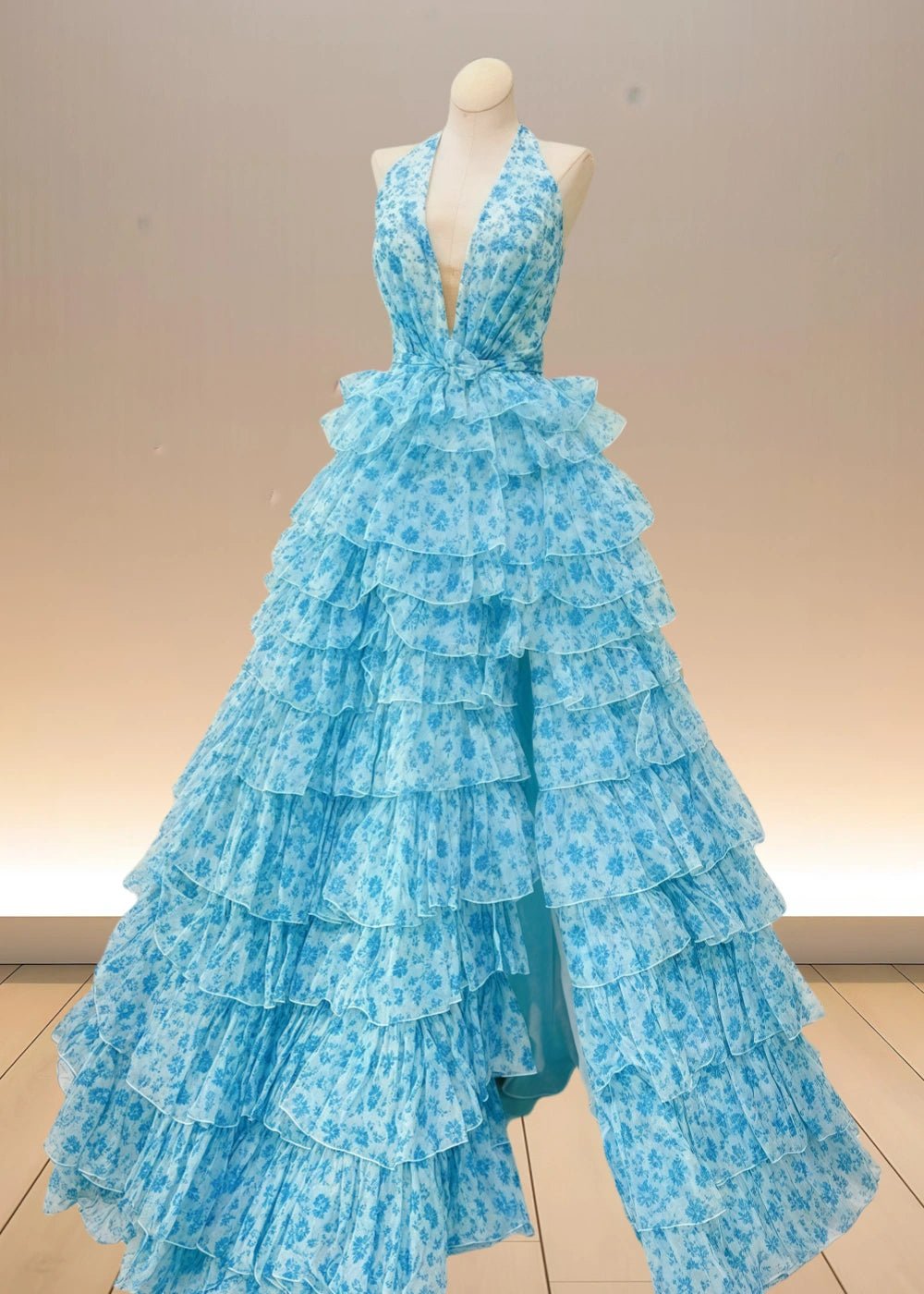 Audrey | Light Pink Floral Tulle Halter Neck Formal Dress Ruffles - Light Blue Floral - PromDressClub