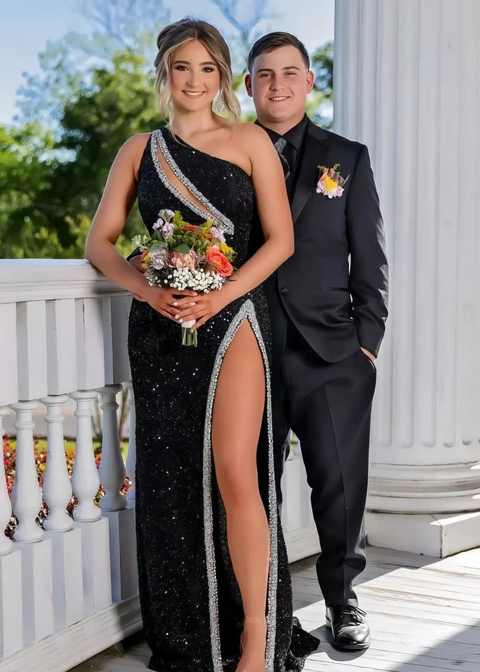 Audrey | Black Mermaid One Shoulder Beaded Prom Dress with Slit - Black - PromDressClub