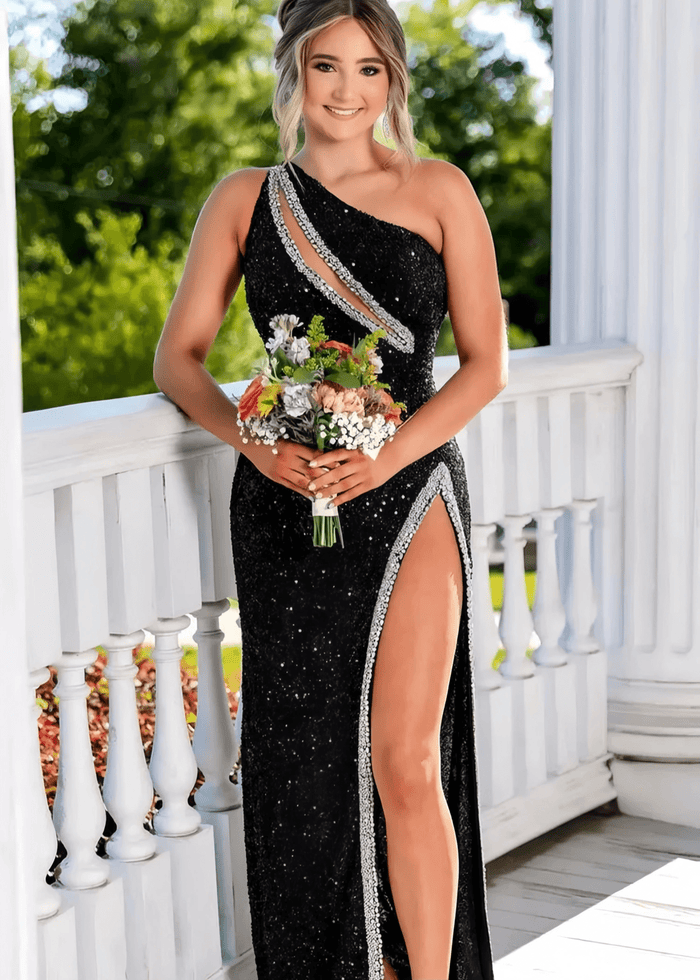 Audrey | Black Mermaid One Shoulder Beaded Prom Dress with Slit - Black - PromDressClub