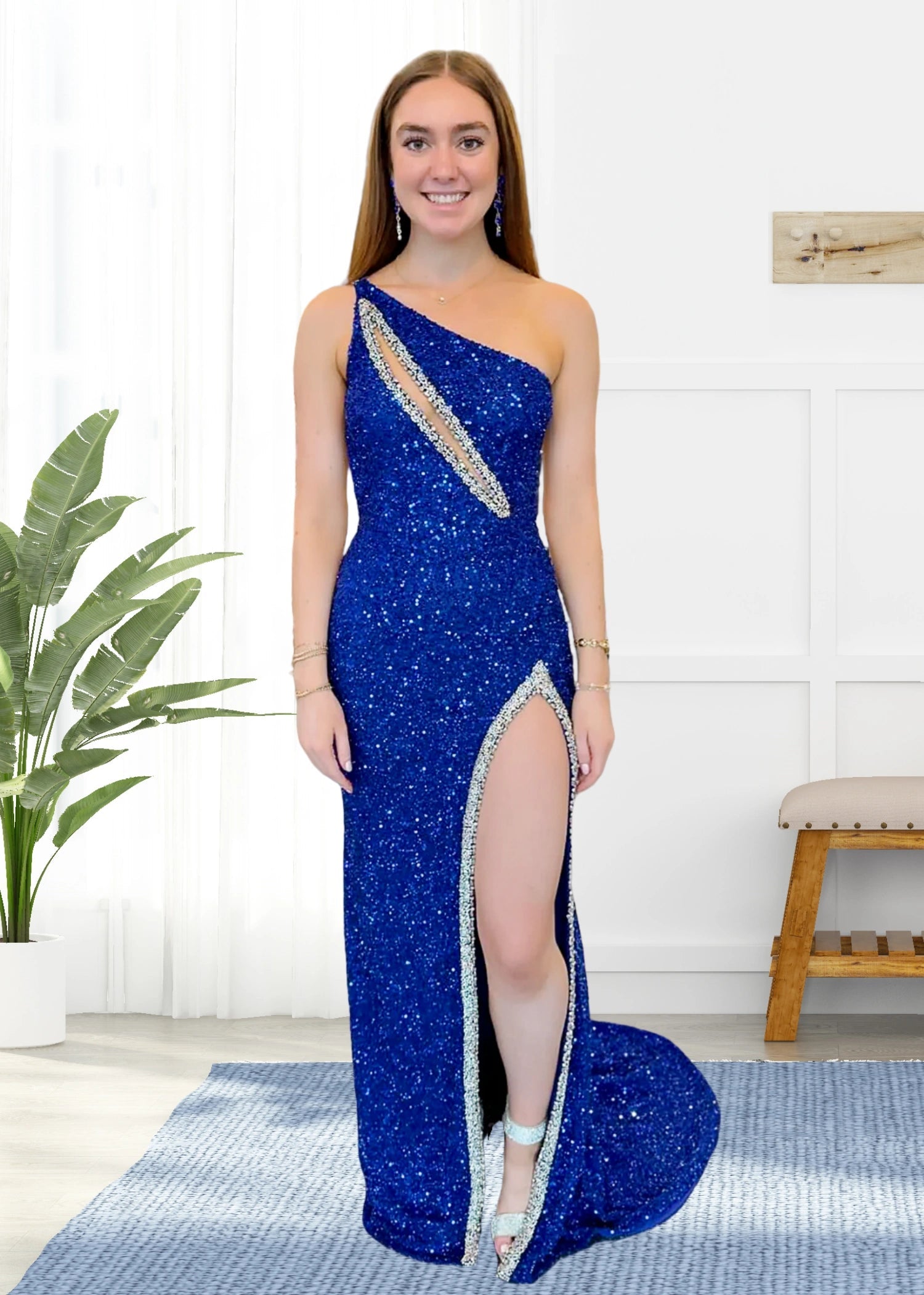 Audrey |Mermaid One Sholder Black Sequins Prom Dresses with Slit - Royal Blue - US0 - PromDressClub