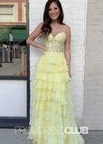 Audrey |Yellow Prom Dresses Long A - Line Chiffon Sweetheart Lace Up With Slit - Yellow - PromDressClub