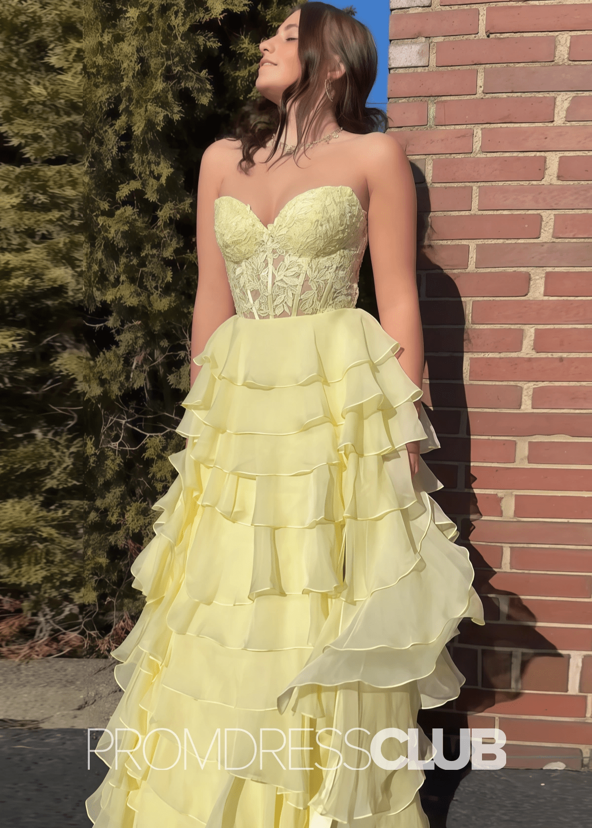 Audrey |Yellow Prom Dresses Long A - Line Chiffon Sweetheart Lace Up With Slit - Yellow - PromDressClub