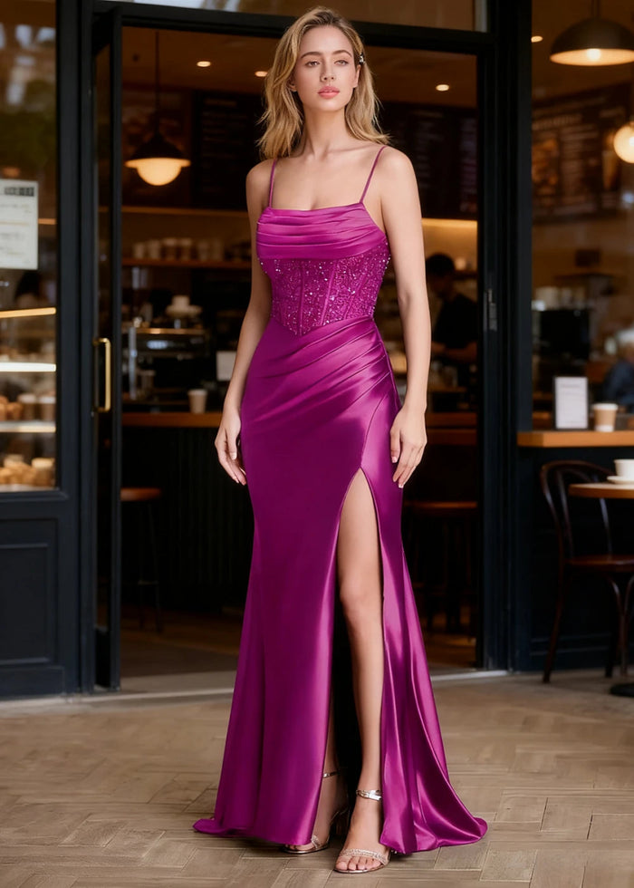 Aureate Fuchsia Mermaid Pleated Prom Dress | Cowl Neck Corset Sequins Dress with Slit - US0 - PromDressClub
