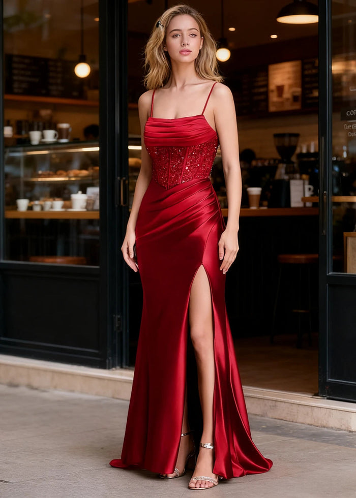 Aureate Red Mermaid Pleated Prom Dress | Cowl Neck Corset Sequins Dress with Slit - US0 - PromDressClub