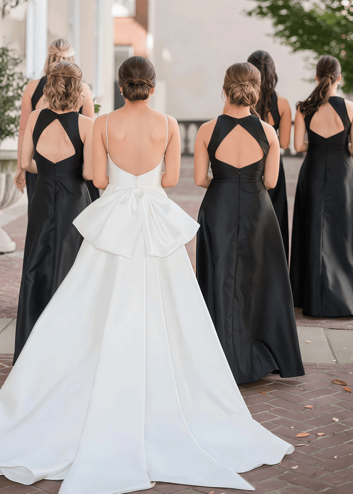 Aurora | Love In Your Eyes A - Line Backless Black Satin Maxi Bridesmaid Dress with Round Neck - Price #price_variant_lowest# - Black - PromDressClub