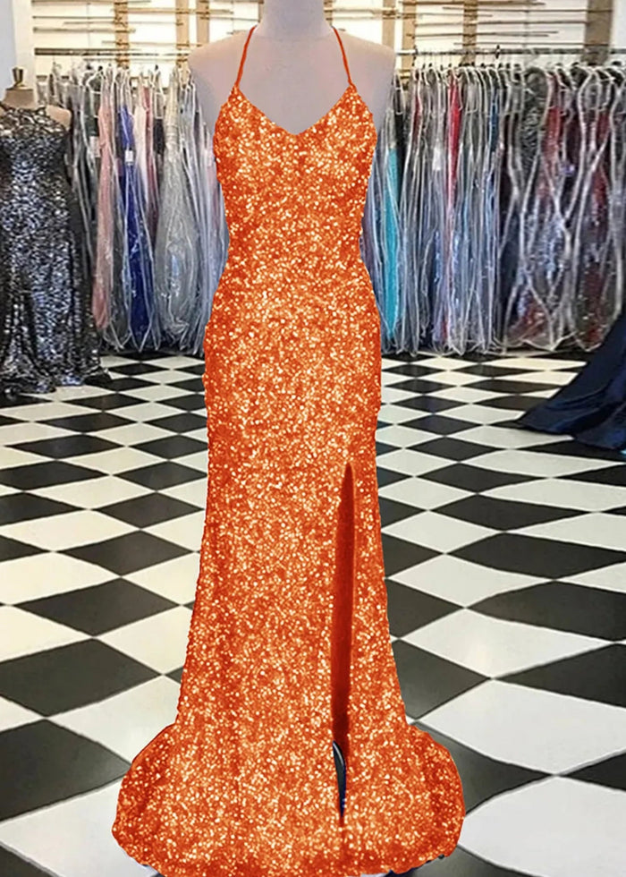 Aurora | Mermaid Long Royal Blue Prom Dress With Sequin Slit - Orange - PromDressClub