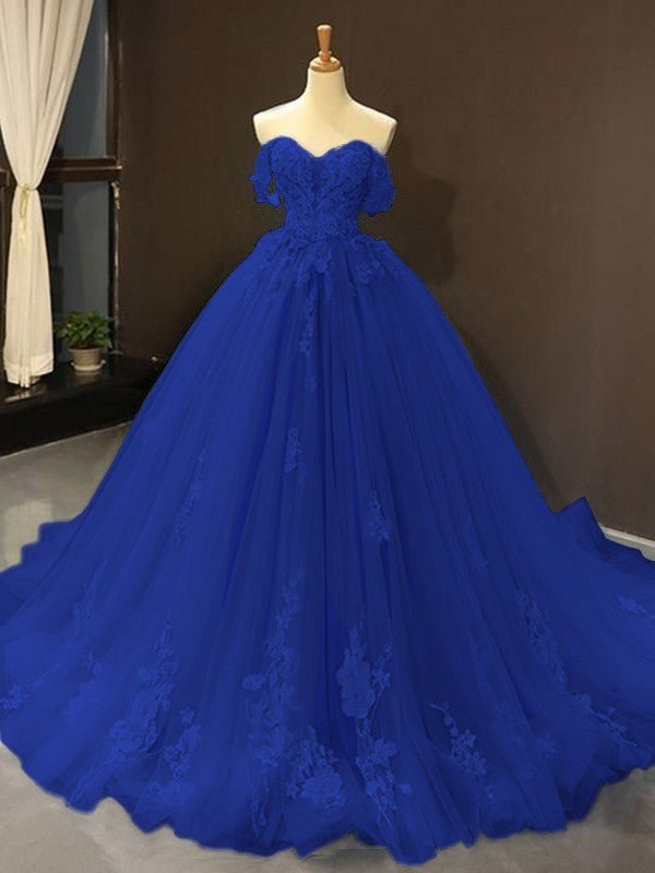 Selena |Ball Gown Natural Tulle Off - the - Shoulder Sleeveless Applique Sweep/Brush Train Prom Dresses 2025 - Dark Navy - US0 - PromDressClub